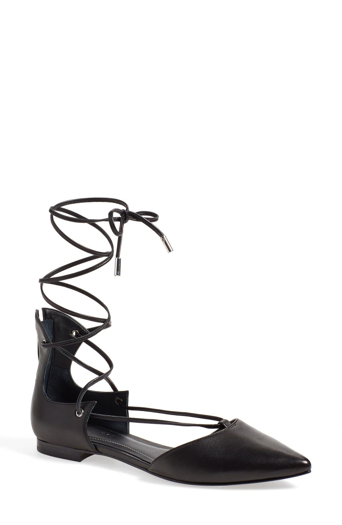 'Sage' Pointy Toe Ghillie Flat, Main, color, BLACK LEATHER