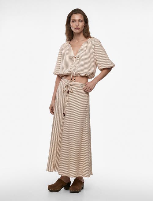 Koton Tied Striped Puff Sleeve Crop Top in Brown Stripe at Nordstrom, Size 4