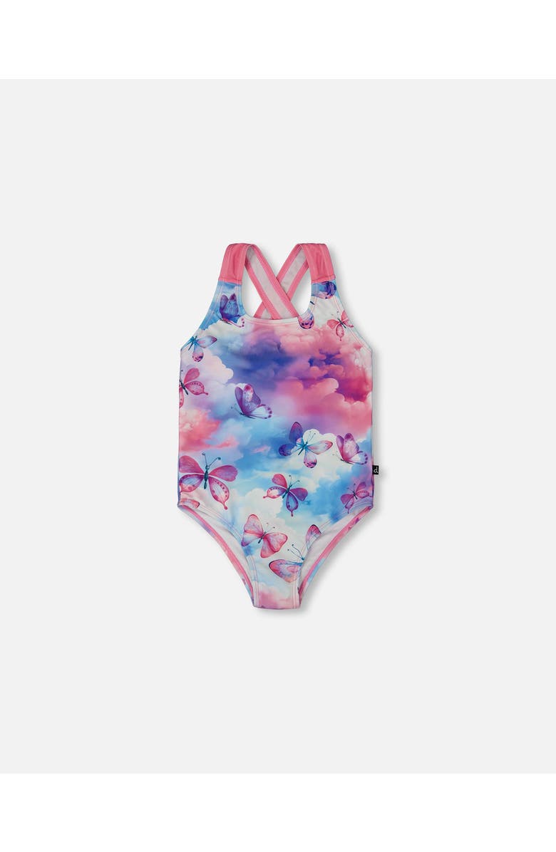 Deux par Deux Little Girl's Printed One-Piece Swimsuit Butterflies On Multicolored Background, Main, color,