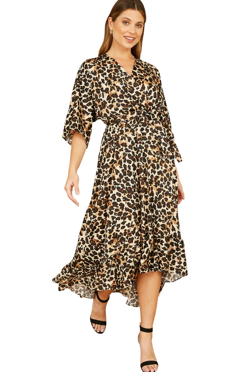 Yumi Leopard Print Kimono Sleeve Wrap Dress, Alternate, color, Brown