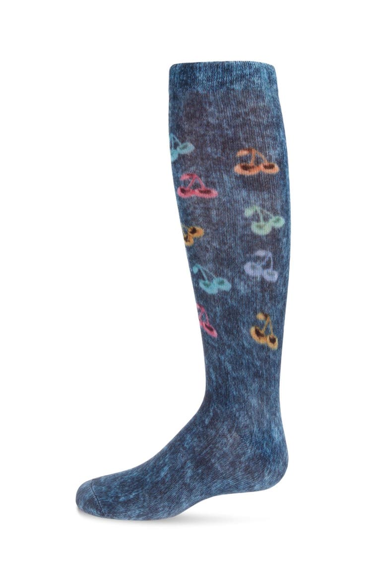 Distressed Wash Denim Cherries Knee High Sock, Main, color, Blue