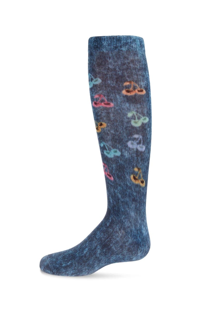 MeMoi Distressed Wash Denim Cherries Knee High Sock, Main, color, Blue