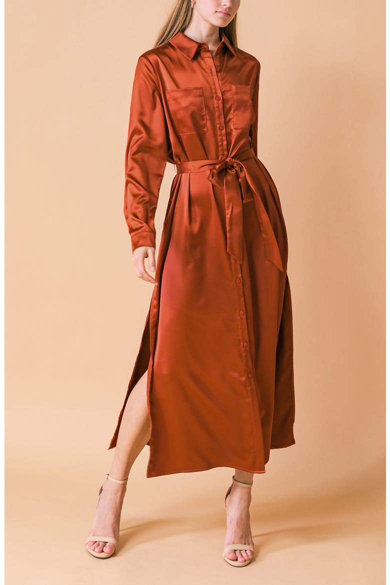 Long Sleeve Satin Midi Shirtdress, Alternate, color, RUST