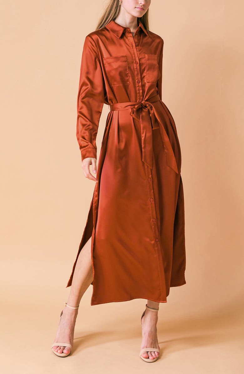 FLYING TOMATO Long Sleeve Satin Midi Shirtdress, Alternate, color, Rust