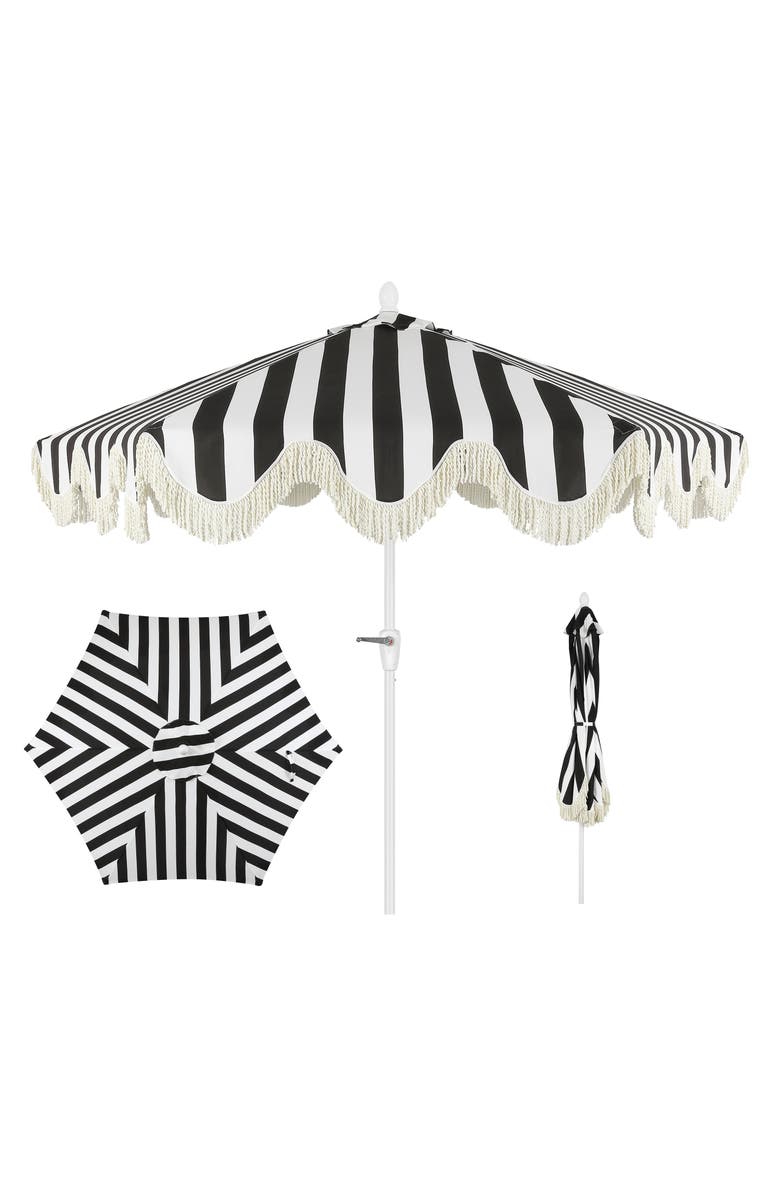 JONATHAN Y Collins 9 ft. Classic Cottage Fringe Tassel Market Patio Umbrella with Auto-Tilt Crank, Main, color, Black/White - White Pole
