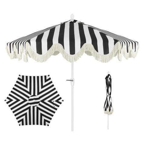 Collins 9 ft. Classic Cottage Fringe Tassel Market Patio Umbrella with Auto-Tilt Crank
