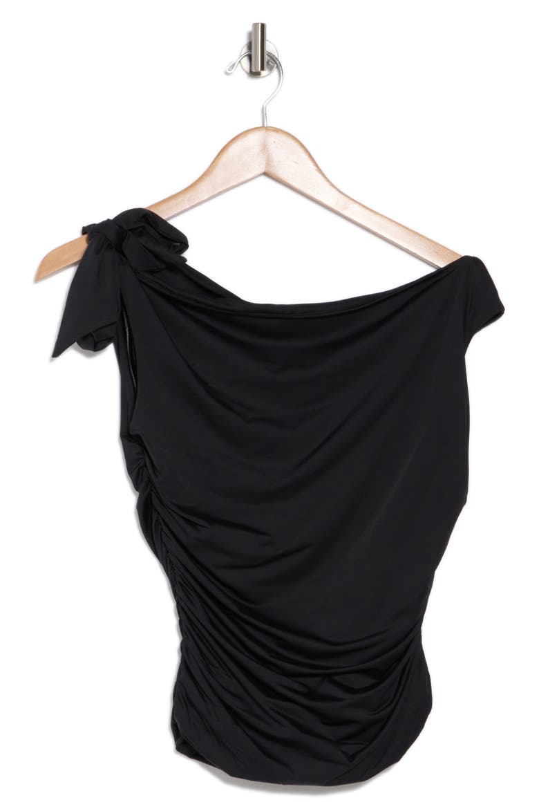 Bow One-Shoulder Ruched Top, Alternate, color, BLACK