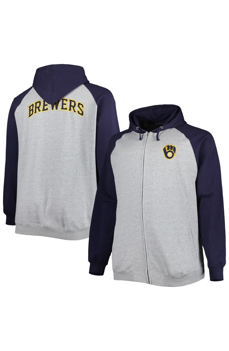 PROFILE Men's Heather Gray/Navy Milwaukee Brewers Big & Tall Raglan Hoodie Full-Zip Sweatshirt, Alternate, color, 