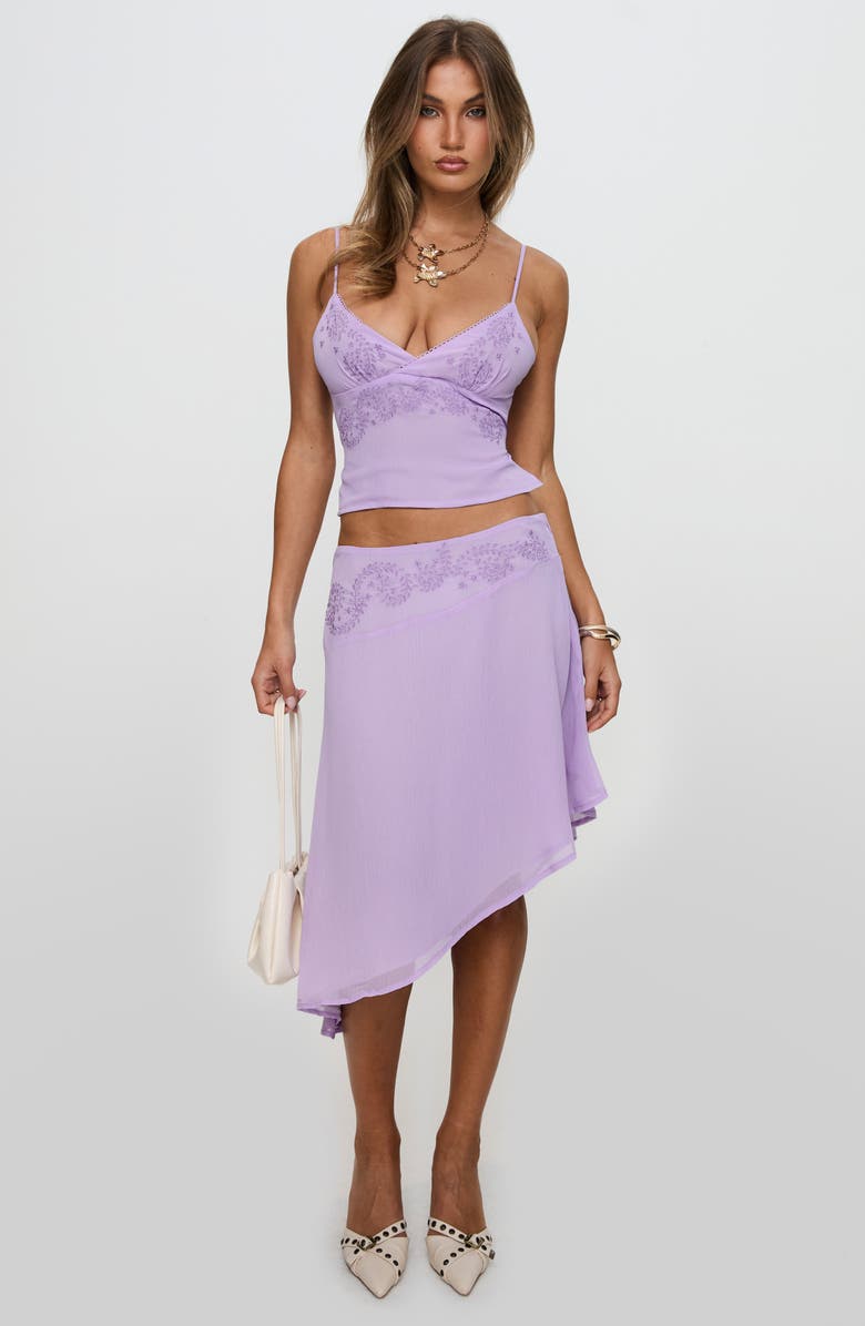 Princess Polly Pappilion Embroidered Asymmetric Chiffon Skirt, Alternate, color, Lilac