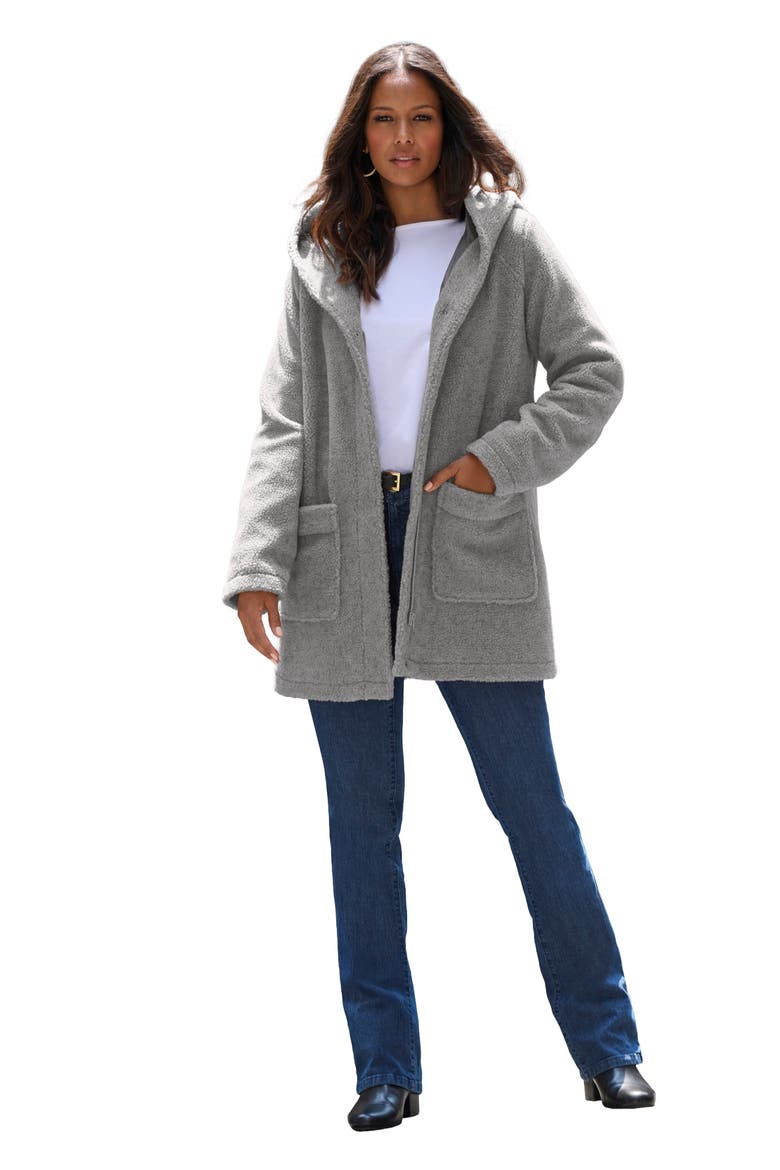 Plus Size Hooded Teddy Fleece Coat, Main, color, MEDIUM HEATHER GREY