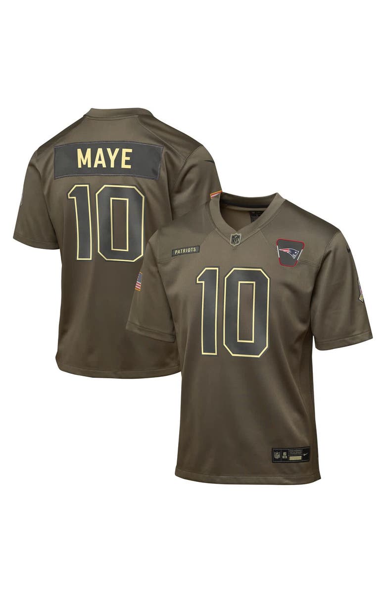 Nike Youth Nike Drake Maye Olive New England Patriots 2025 Salute to Service Game Jersey, Main, color,