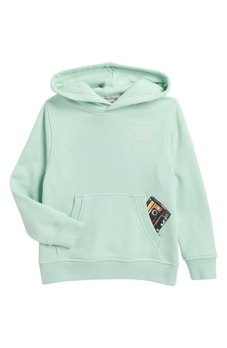 Scotch & Soda Kids' Cassette Tape Embroidered Graphic Fleece Hoodie, Main, color, Gossamer Green