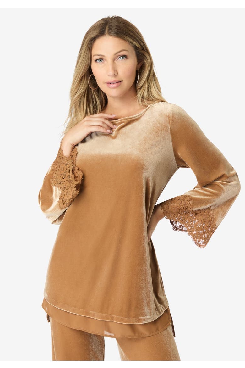 Lace Trim Velour Tunic, Alternate, color, ALMOND BROWN