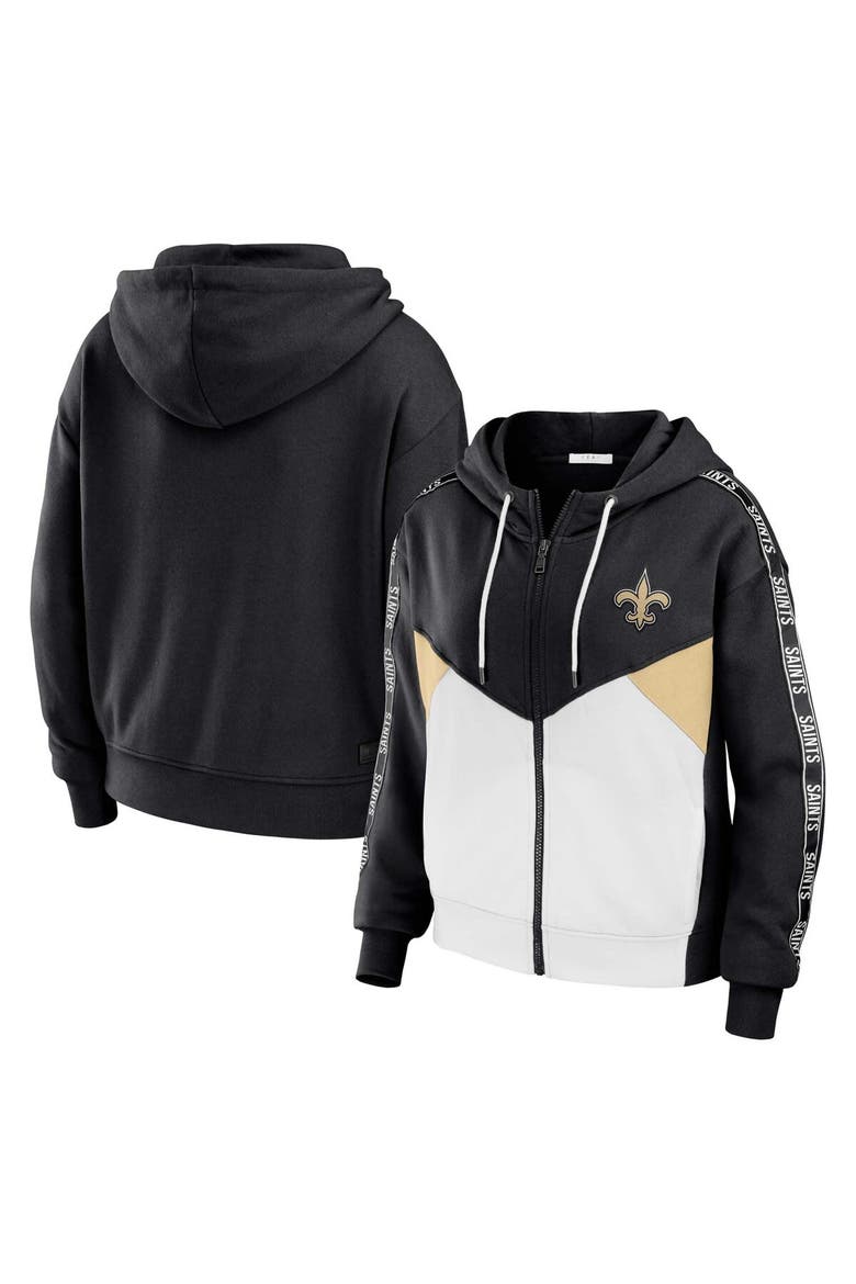 Women's WEAR by Erin Andrews Black/White New Orleans Saints Plus Size Color Block Full-Zip Hoodie, Main, color, Black