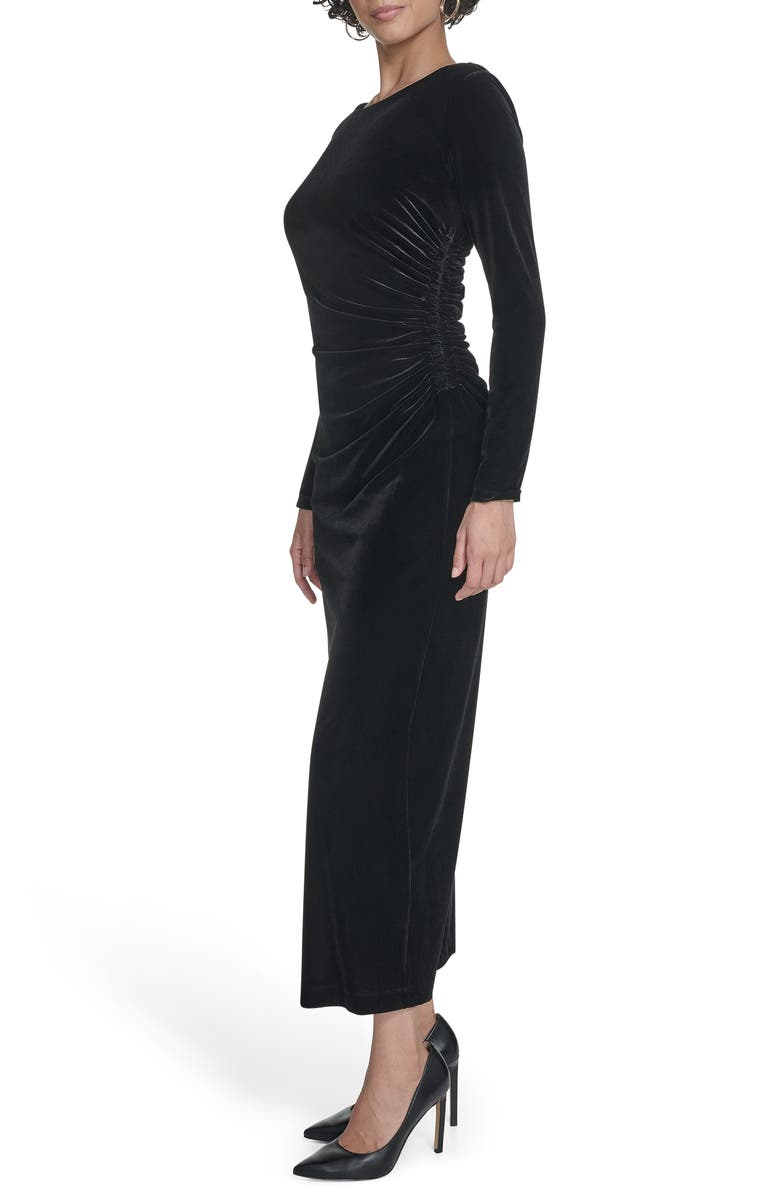 Calvin Klein Long Sleeve Ruched Velvet Gown, Alternate, color, Black