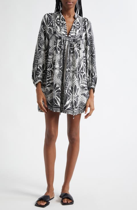 Monochrome Elegance Scarf Print Long Sleeve Linen Blend Minidress