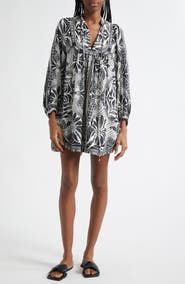 FARM Rio Monochrome Elegance Scarf Print Long Sleeve Linen Blend Minidress