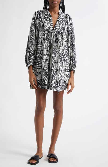 FARM Rio Monochrome Elegance Scarf Print Long Sleeve Linen Blend Minidress
