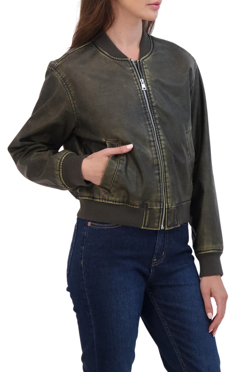 Sebby Distressed Faux Leather Bomber Jacket, Alternate, color,