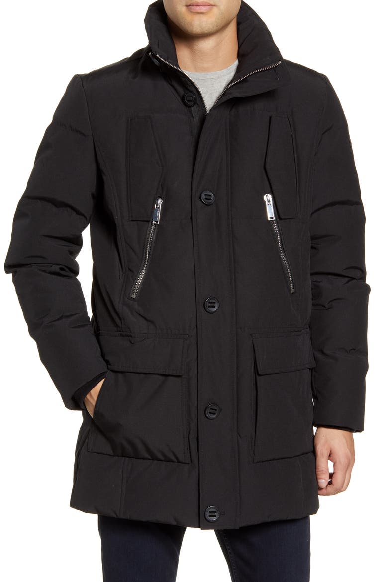 Faux Fur Trim Down & Feather Quilted Parka, Alternate, color, BLACK