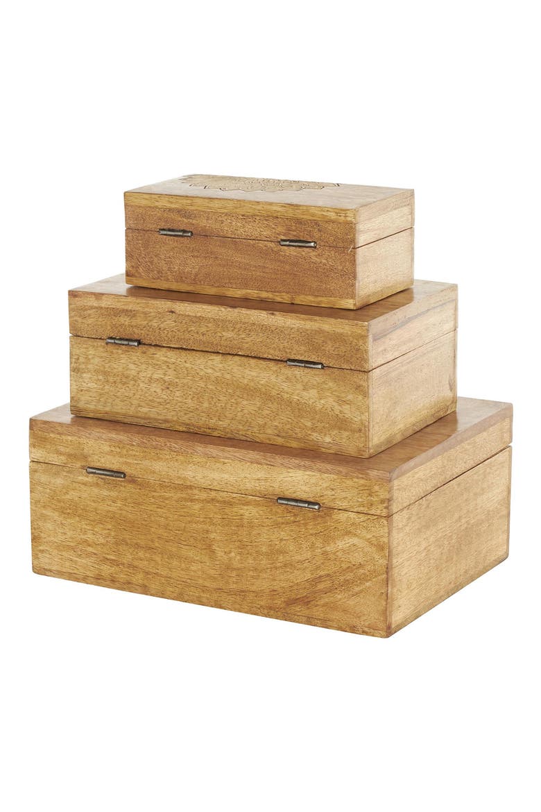 Set of Three Hand Carved Storage Boxes, Alternate, color, BROWN