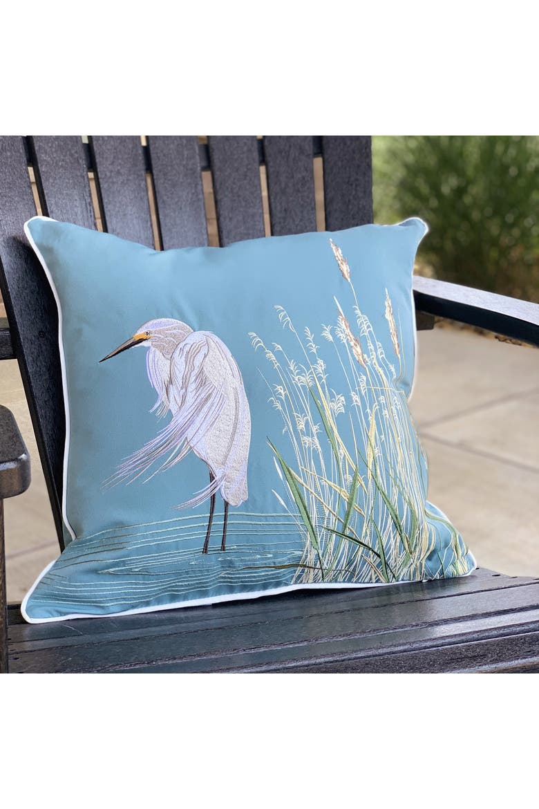 Snowy White Egret Indoor/Outdoor Accent Throw Pillow Decor, Alternate, color, Blue