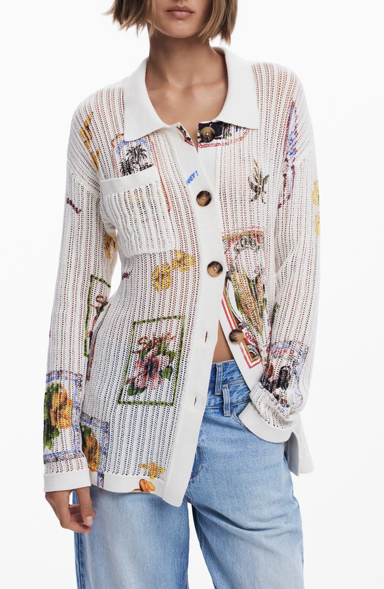 Desigual Garden Print Open Stitch Cardigan, Main, color,
