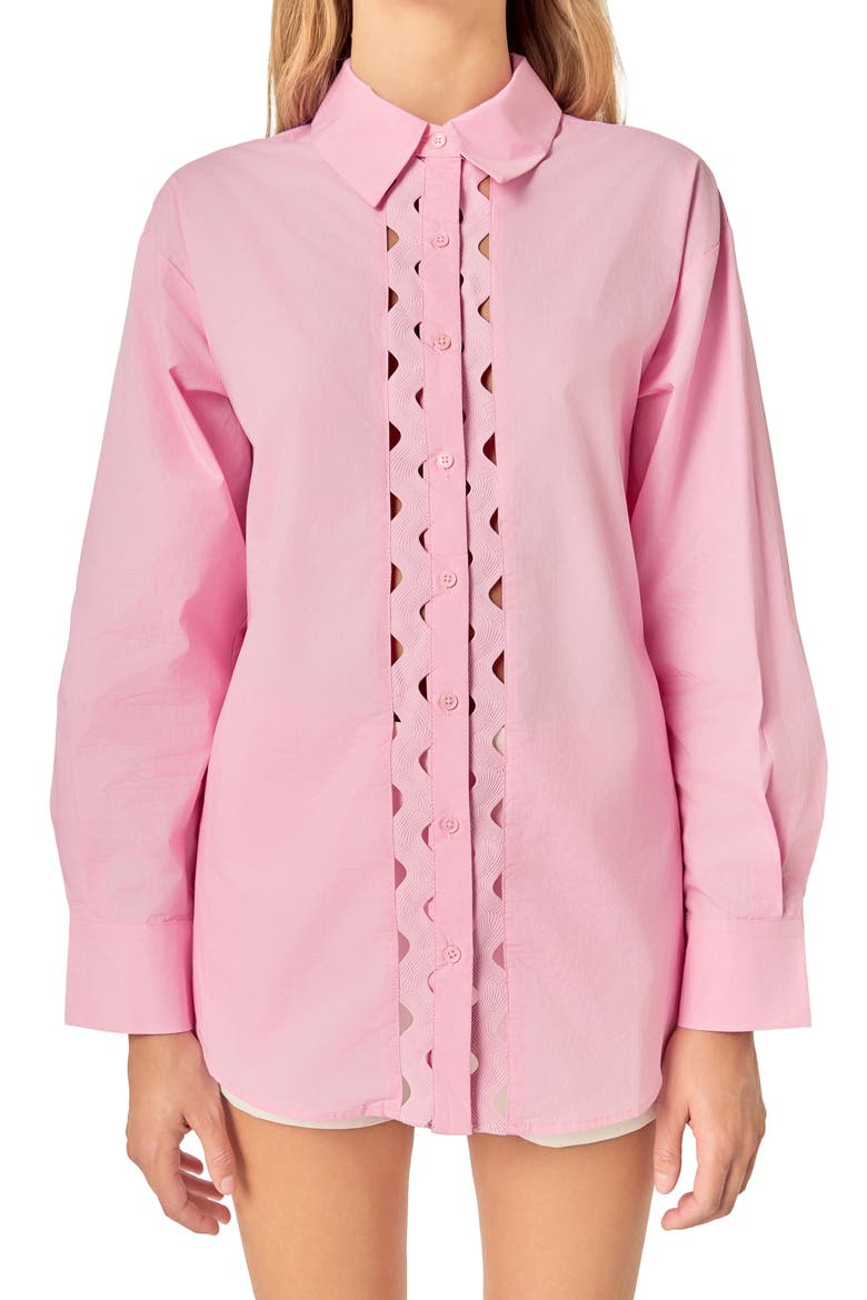 Oversize Rickrack Trim Long Sleeve Button-Up Shirt, Alternate, color, PINK