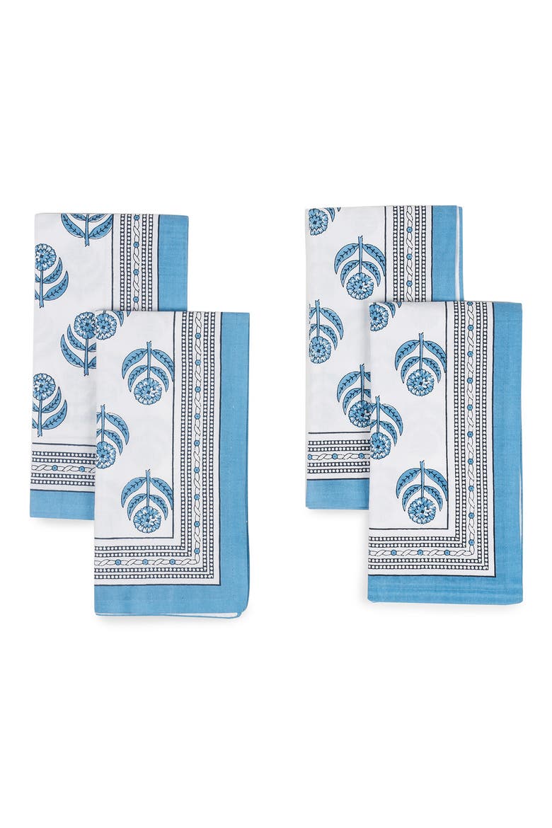 Set of 4 Floral Block Print Cotton Napkins, Main, color, BLUE