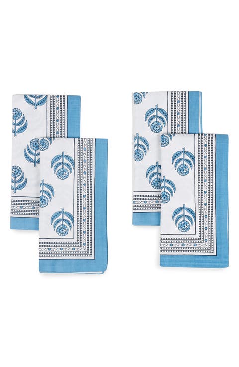 Set of 4 Floral Block Print Cotton Napkins