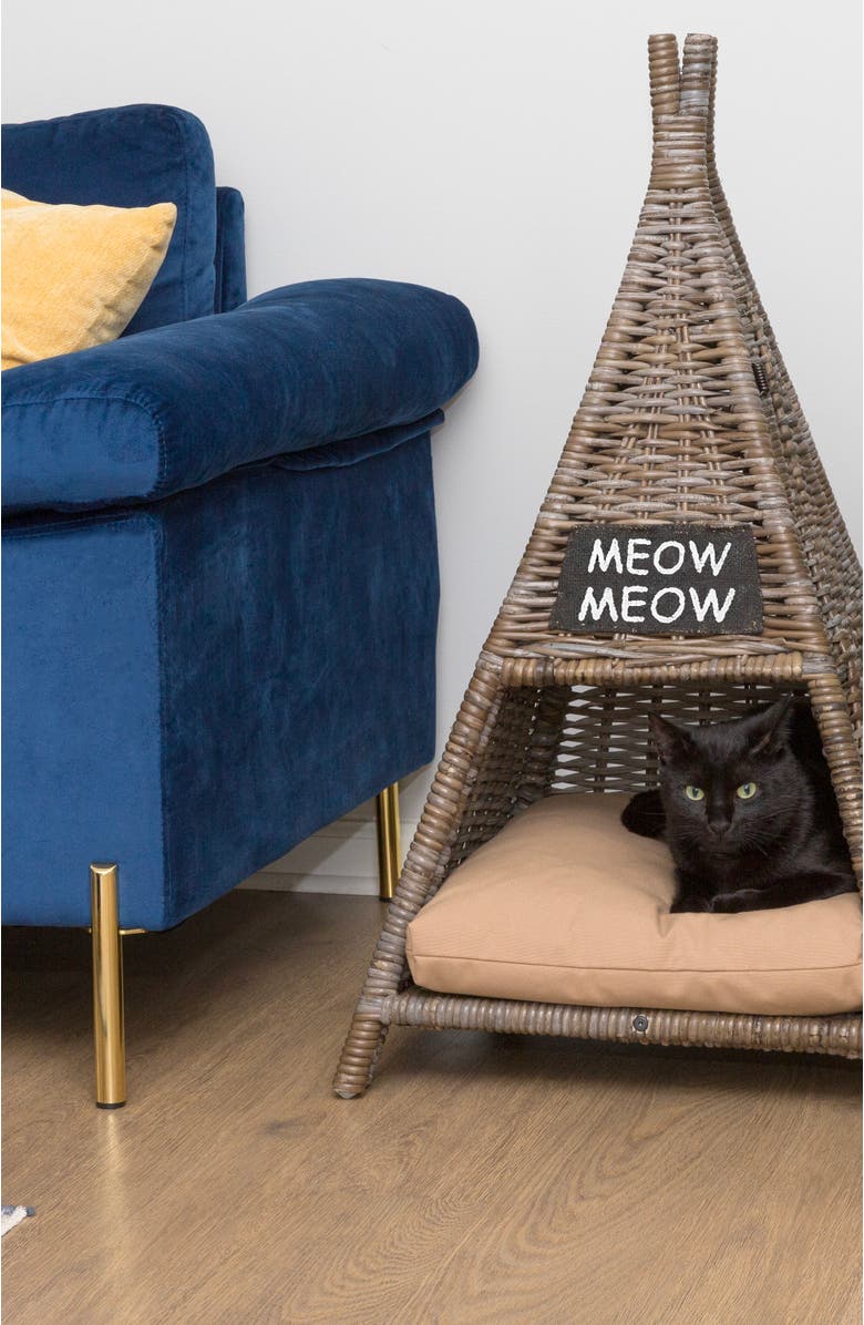 The Licker Store Tiki Tent 20" x 20" Coastal Handwoven Rattan Pet Bed with Machine-Washable Cushion, Alternate, color, Kubu Gray