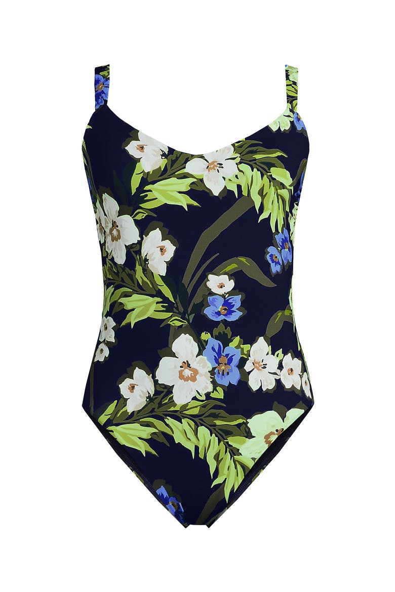 V-Neck High Leg Strappy Back One Piece, Alternate, color, Deep Sea/Blue Floral Tropic
