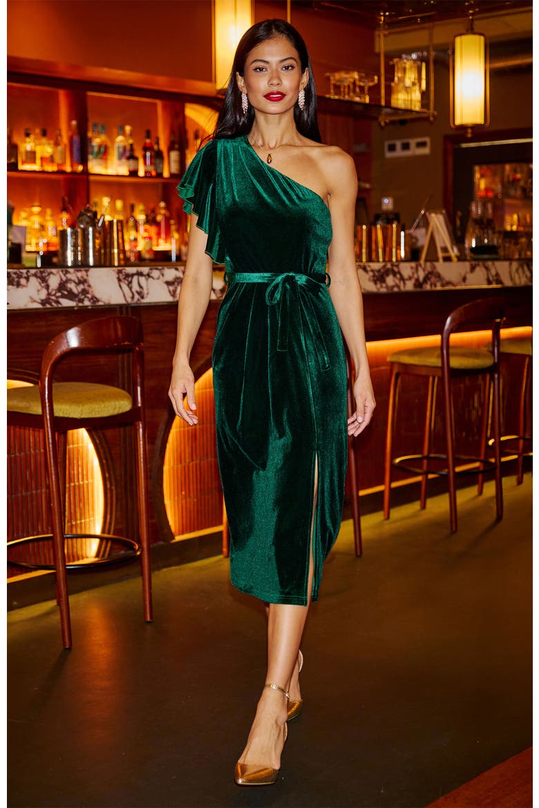 Velvet Frill One Shoulder Midi Dress, Alternate, color, Green