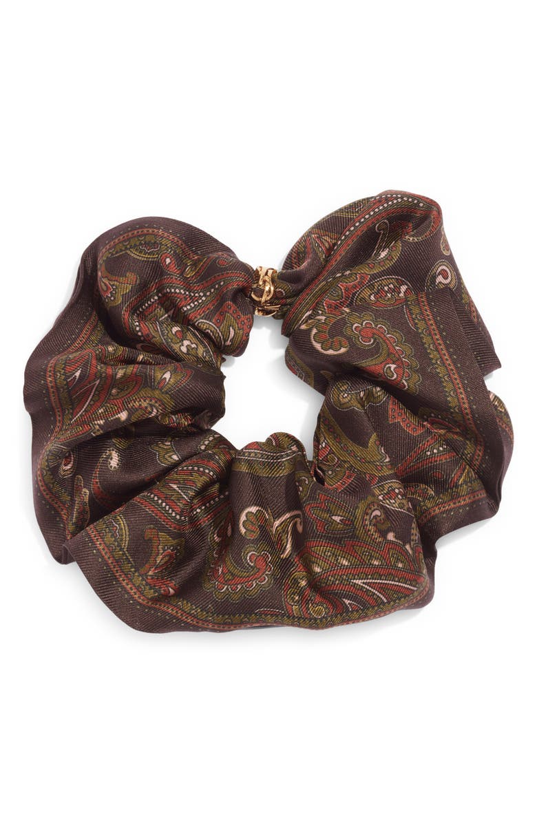 Saint Laurent Paisley Silk Twill Scrunchie, Main, color, Brown/ Light Brown/ Gold