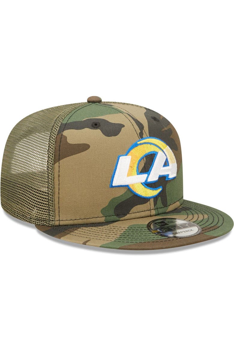 Men's New Era Camo/Olive Los Angeles Rams Trucker 9FIFTY Snapback Hat, Alternate, color, Camo