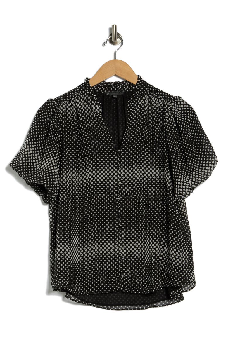 Adrianna Papell Bubble Sleeve Covered Button-Up Top, Alternate, color, Black/ Cream Rising Dot