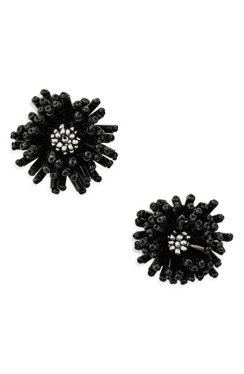 Beaded Pompom Flower Earrings