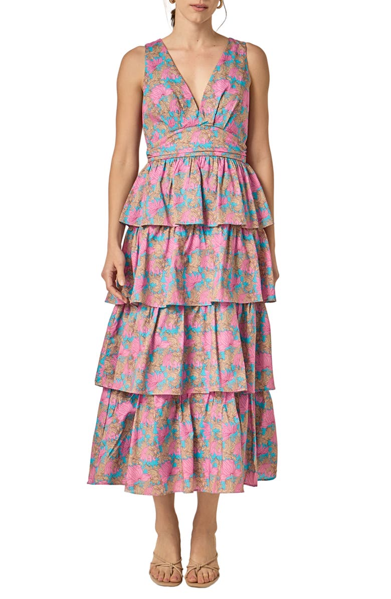 English Factory Tiered Ruffle Sleeveless Maxi Dress, Main, color, Pink Multi