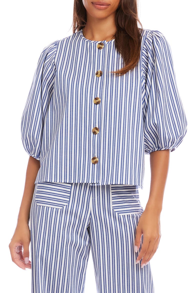 Puff Sleeve Button-Up Shirt, Main, color, BLUE/WHITE
