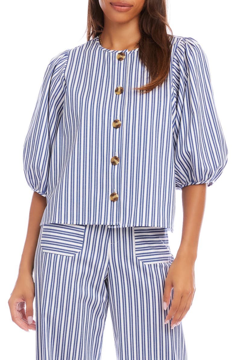 Karen Kane Puff Sleeve Button-Up Shirt, Main, color, Blue/White