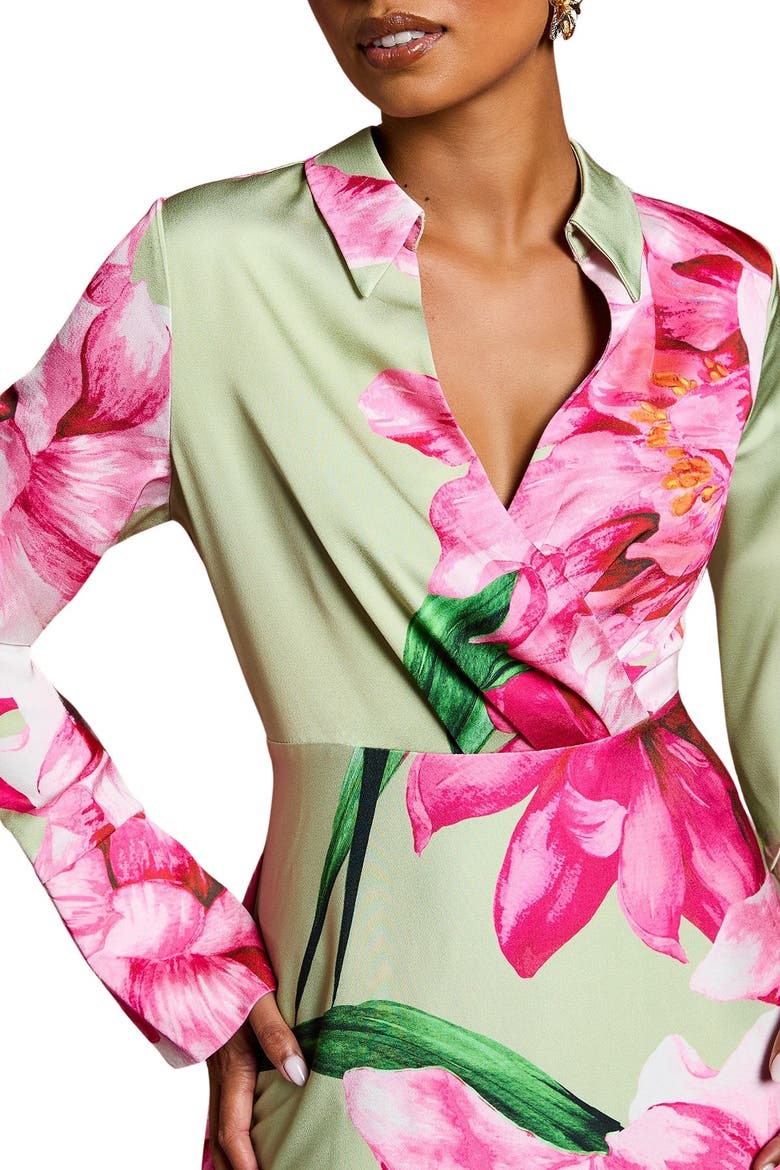Petite Placement Print Wrap Front Gown, Alternate, color, Sage