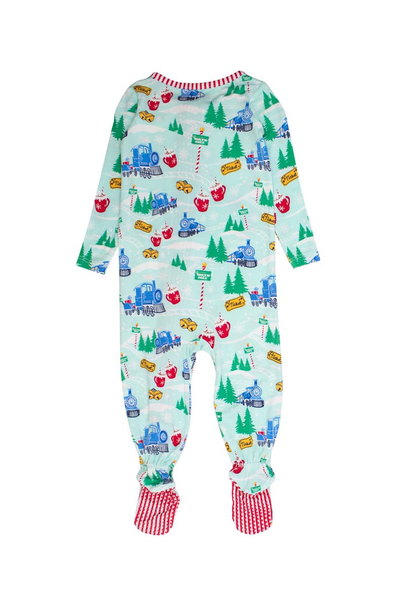 RuffleButts SoftSnooze Gender Inclusive Holiday One Piece Footie Pajamas, Alternate, color, Snowy Train Tracks