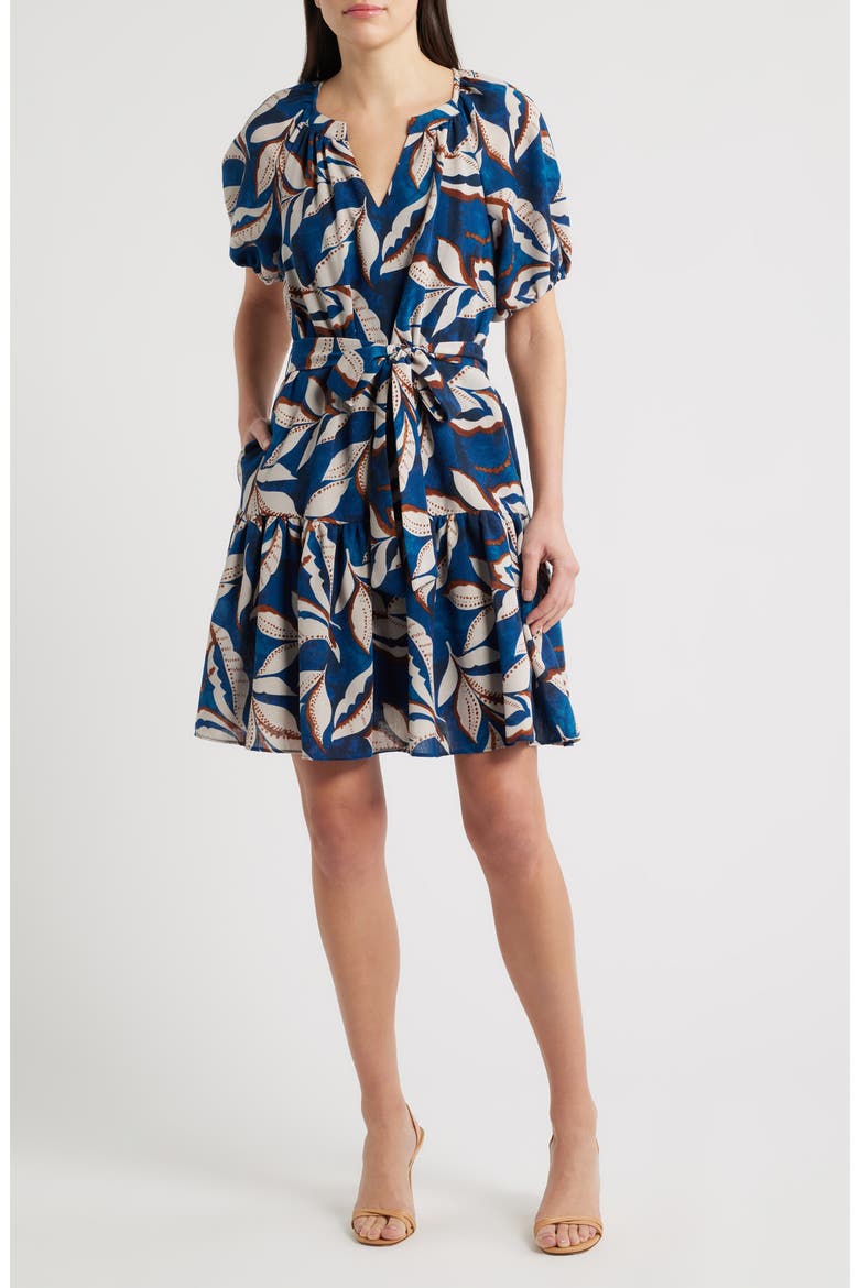 Puff Sleeve Tie Belt Minidress, Main, color, BLUE MULTI