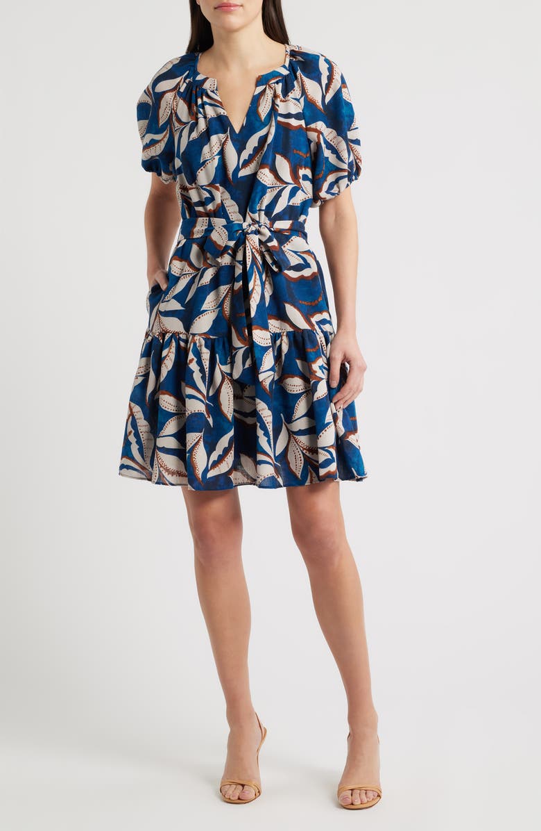 Julia Jordan Puff Sleeve Tie Belt Minidress, Main, color, Blue Multi