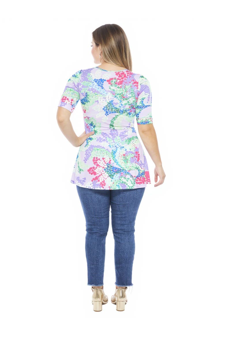 Plus Size Abstract V-Neck Elbow Sleeve Henley Tunic Top, Alternate, color, Purple Multi