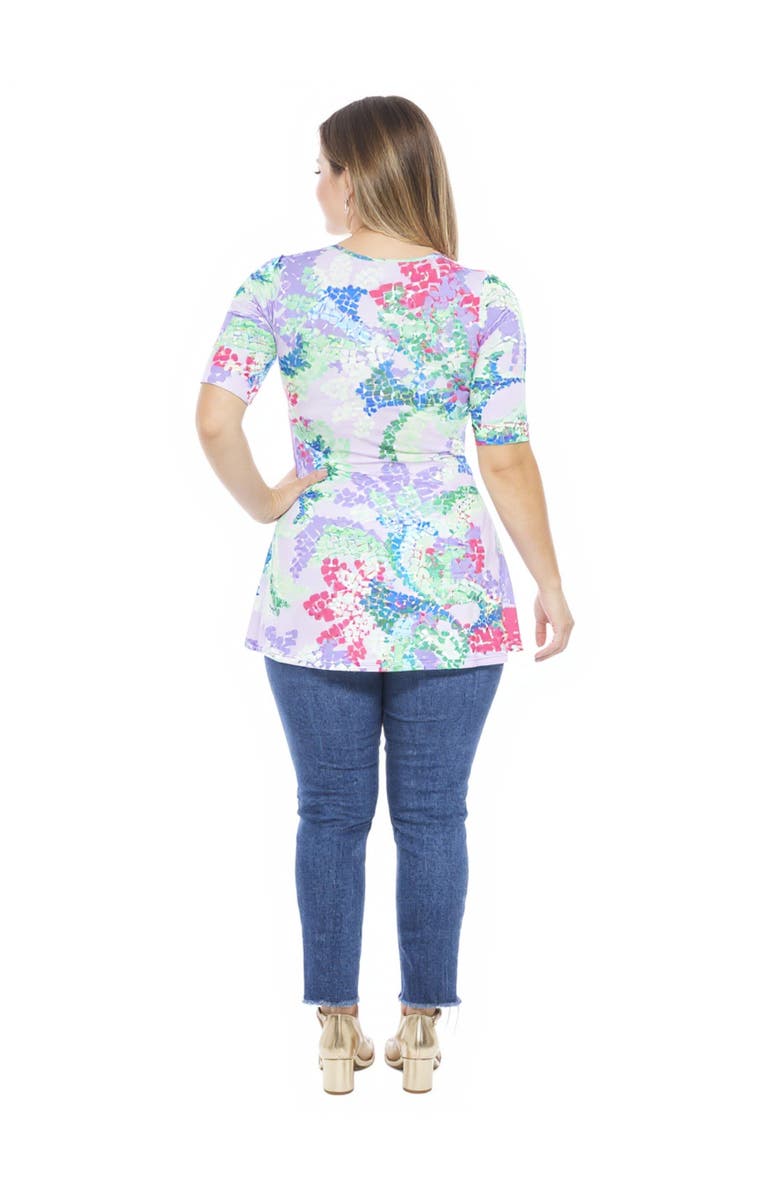 24seven Comfort Apparel Plus Size Abstract V-Neck Elbow Sleeve Henley Tunic Top, Alternate, color, Purple Multi