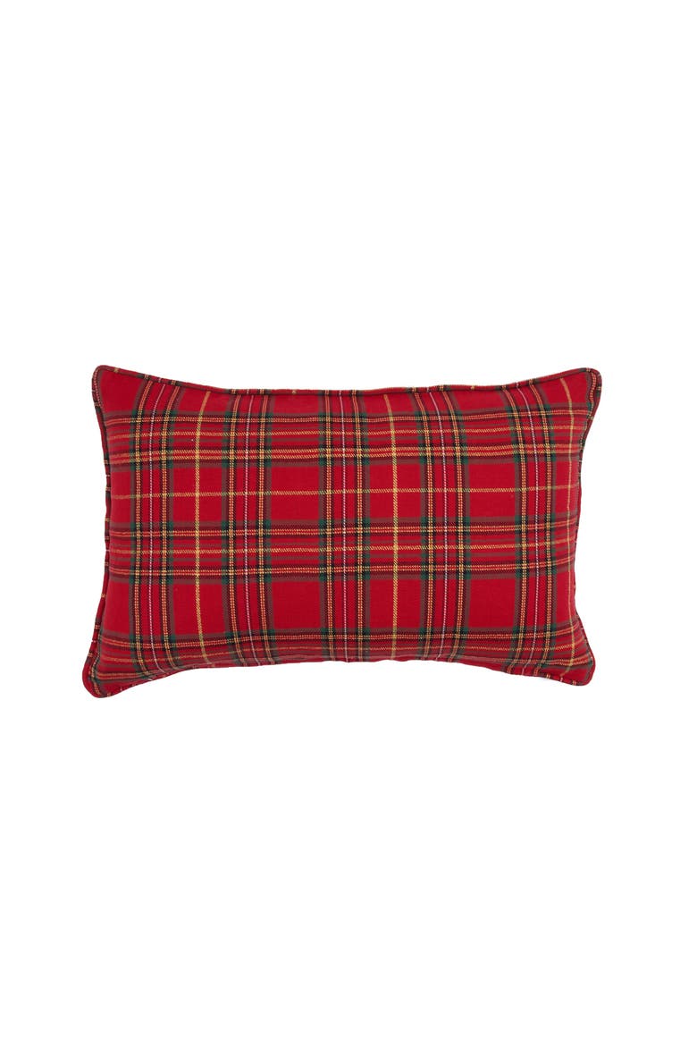 Spruce Tree Embroidered on Plaid Christmas Throw Pillow 14" x 22", Alternate, color, Red