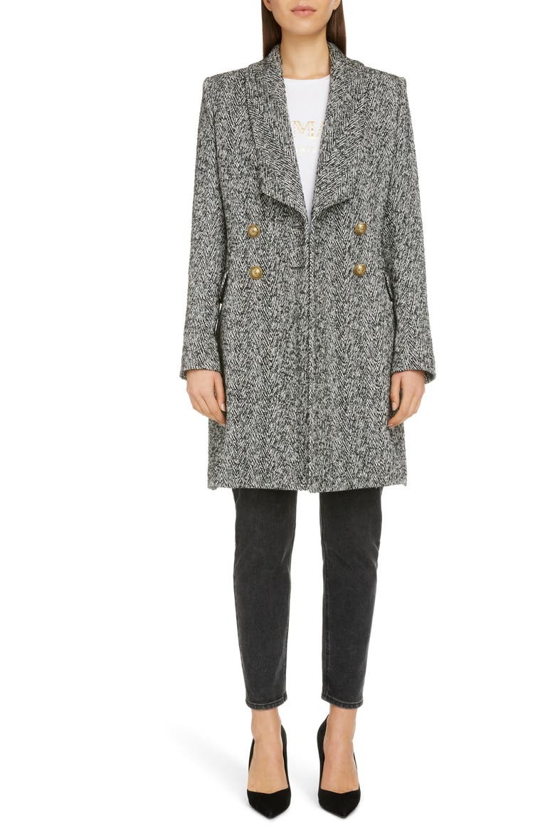 Double Breasted Chevron Tweed Coat, Main, color, NOIR/ BLANC