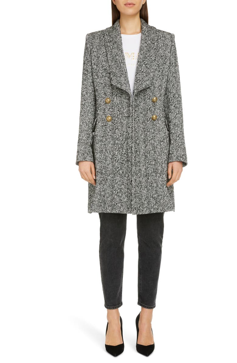 Balmain Double Breasted Chevron Tweed Coat, Main, color, 