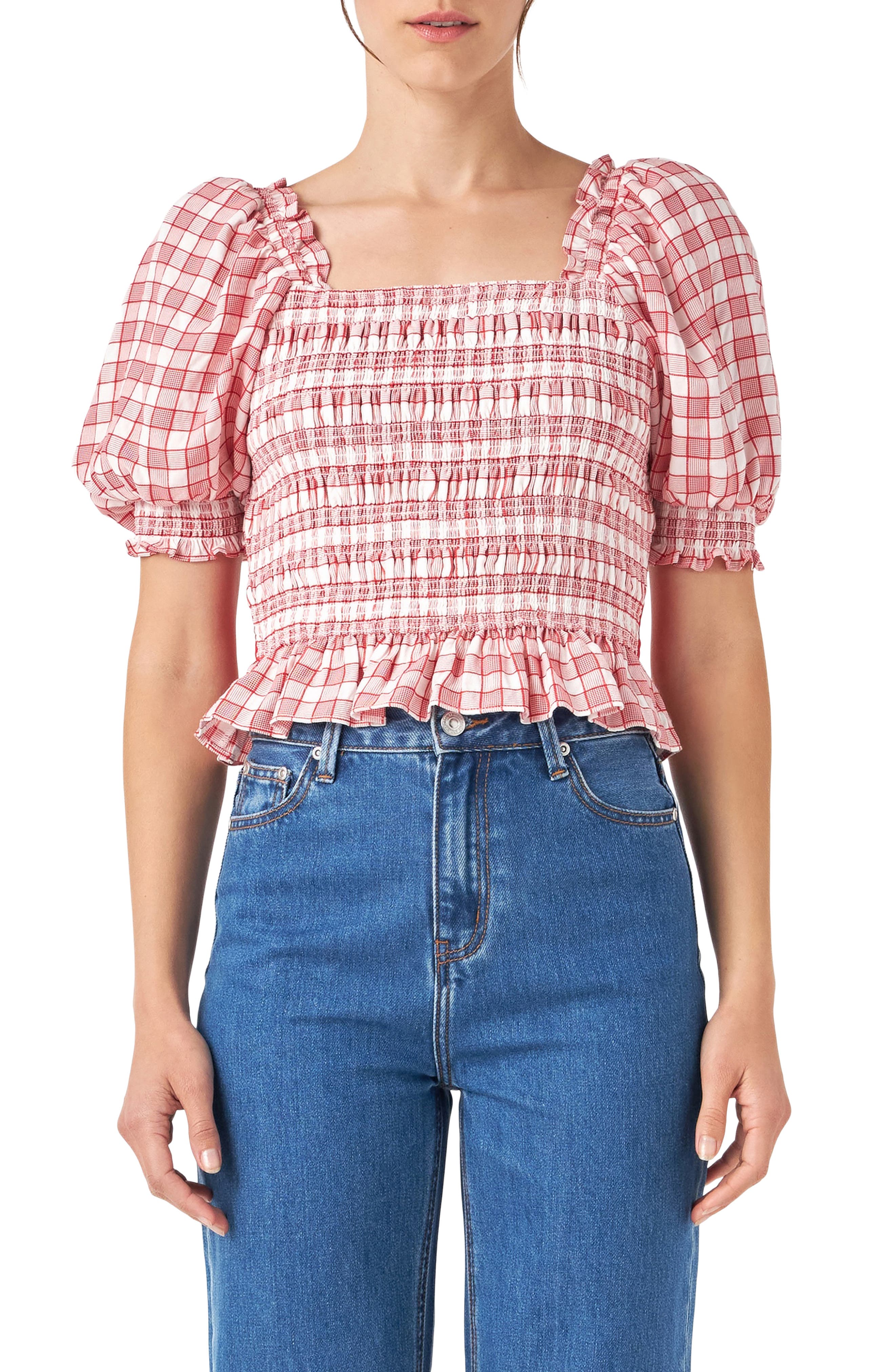 English Factory Check Smocked Bow Accent Top